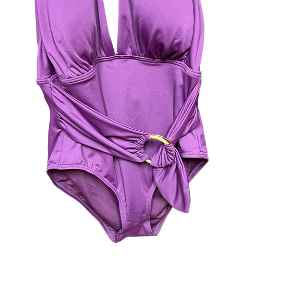 Kate Spade Belted Plunging Halter One-Piece Swimsuit Cabarnet Purple Size Small - Picture 3 of 12